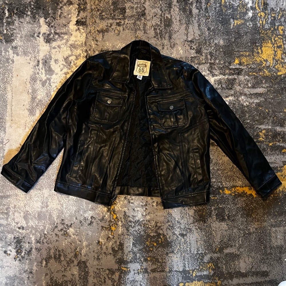 Route 66 Men’s Black Faux Leather Biker Jacket – Classic Zip Front – XL